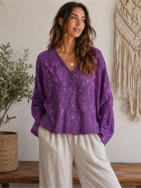 Caribe Vintage Purple Textured Leaf Linen Rayon Lagenlook Button Cardigan Top